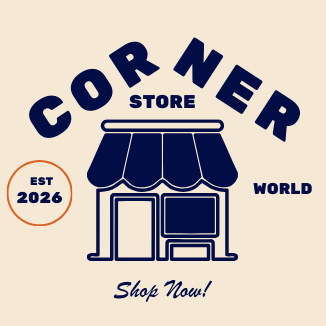 Logo of a corner store with 'Corner Store World' text on a beige background